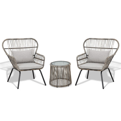 Ensemble de bistrot d'extérieur 3 pièces en osier, mobilier de jardin en rotin résistant aux intempéries, chaises de jardin avec coussins