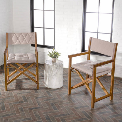 Chaise de réalisateur d'extérieur classique Theo, style milieu de siècle, pliable, en bois d'acacia, avec dossier matelassé en losanges et coussin (lot de 2) par JONATHAN Y