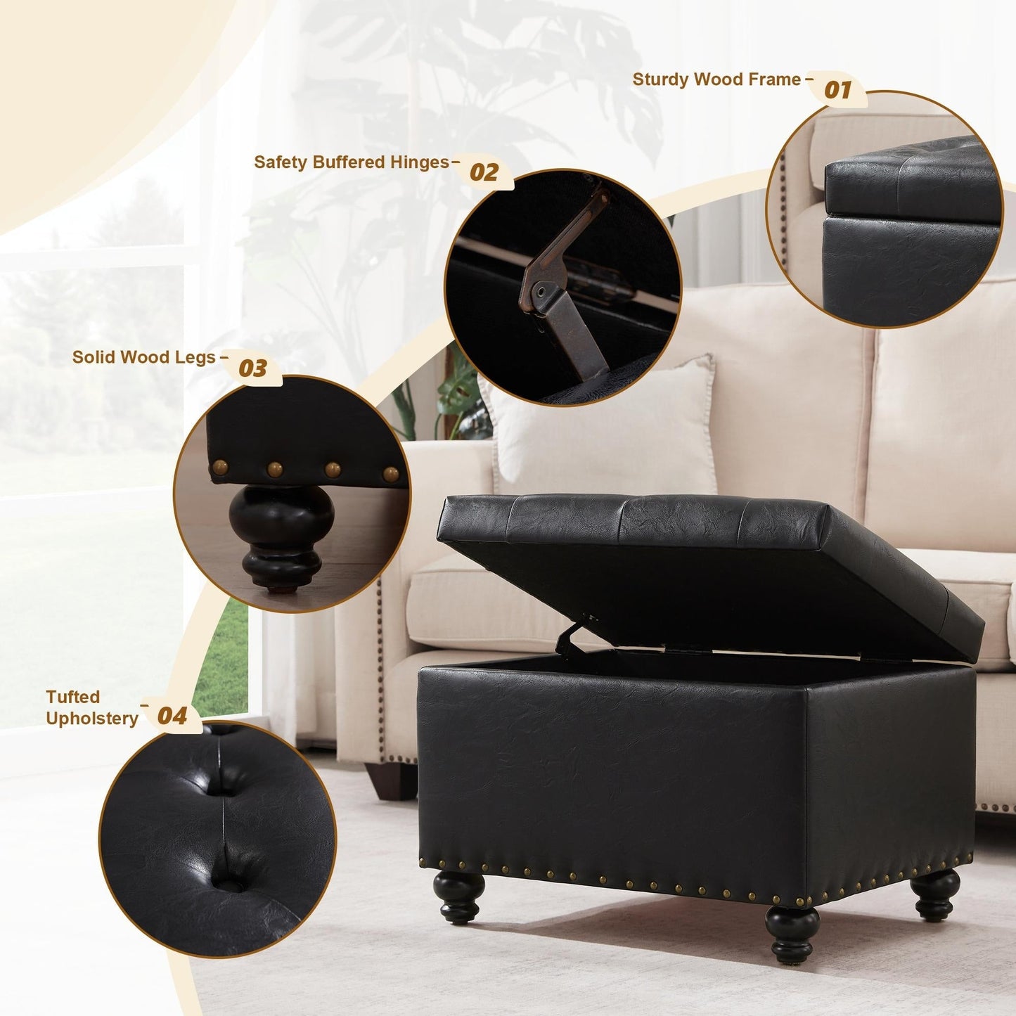 Banc ottoman de rangement capitonné, repose-pieds rectangulaire