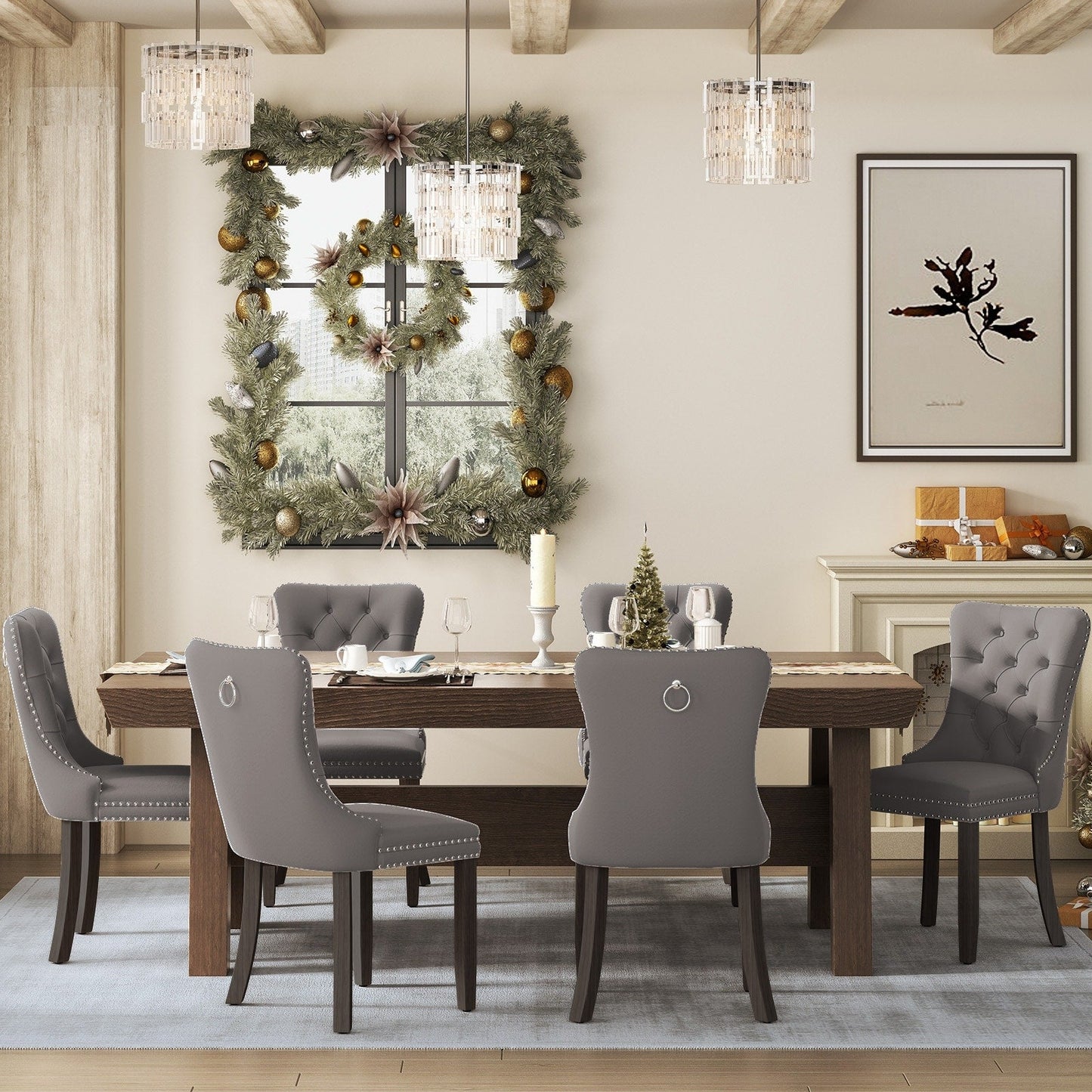 Lot de 6 chaises de salle à manger capitonnées en velours avec pieds en bois massif