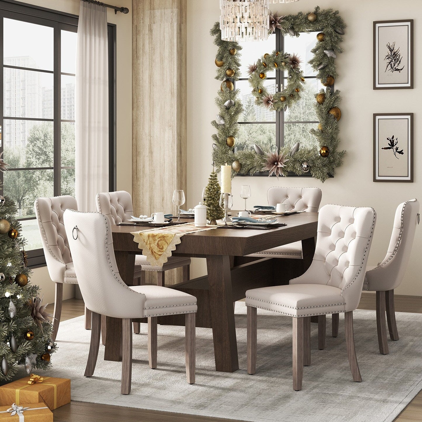 Lot de 6 chaises de salle à manger capitonnées en velours avec pieds en bois massif