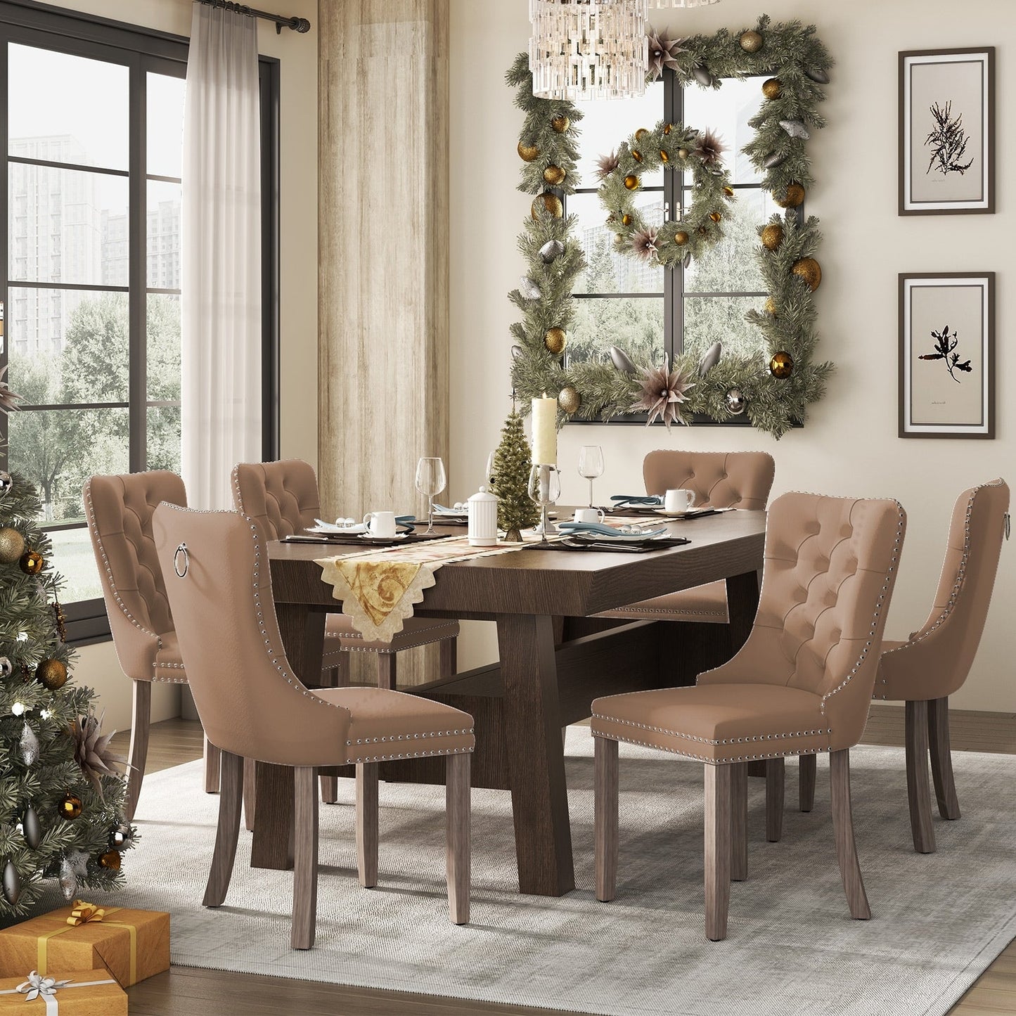 Lot de 6 chaises de salle à manger capitonnées en velours avec pieds en bois massif