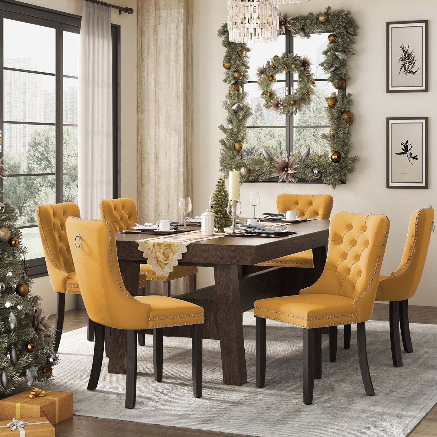 Lot de 6 chaises de salle à manger capitonnées en velours avec pieds en bois massif