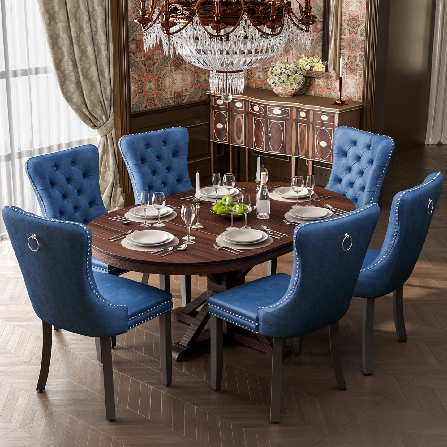 Lot de 6 chaises de salle à manger capitonnées en velours avec pieds en bois massif