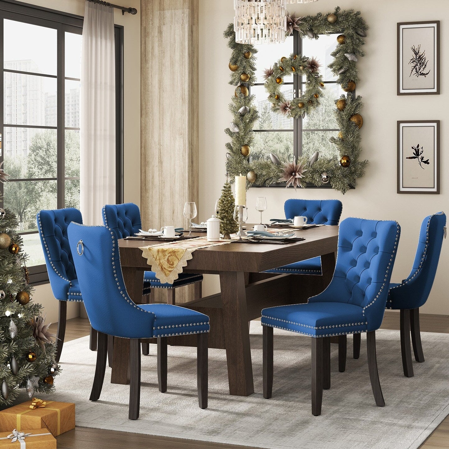 Lot de 6 chaises de salle à manger capitonnées en velours avec pieds en bois massif