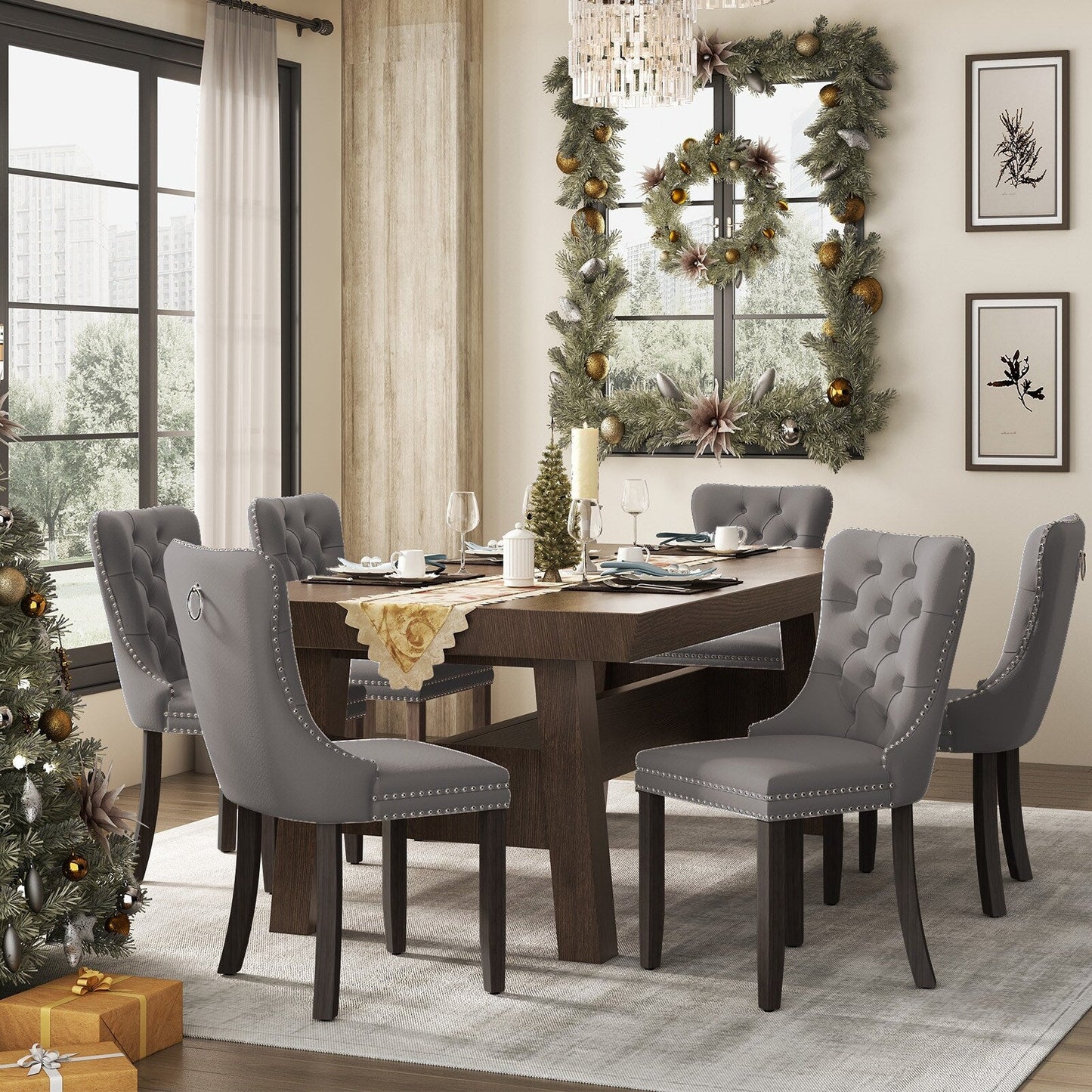 Lot de 6 chaises de salle à manger capitonnées en velours avec pieds en bois massif