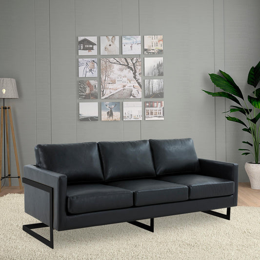 Canapé 3 places minimaliste en cuir rembourré avec coussins amovibles en acier inoxydable pour salon et chambre à coucher