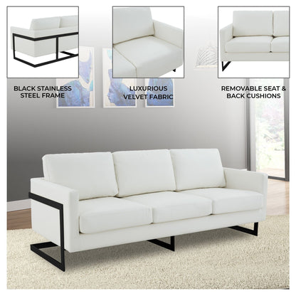 Canapé 3 places minimaliste en cuir rembourré avec coussins amovibles en acier inoxydable pour salon et chambre à coucher