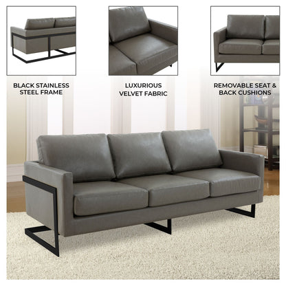 Canapé 3 places minimaliste en cuir rembourré avec coussins amovibles en acier inoxydable pour salon et chambre à coucher