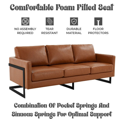 Canapé 3 places minimaliste en cuir rembourré avec coussins amovibles en acier inoxydable pour salon et chambre à coucher