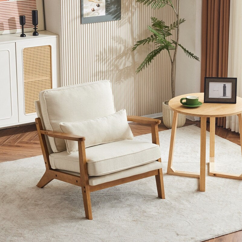 Fauteuil d'appoint rembourré en lin mélangé avec pieds en bois et un coussin beige
