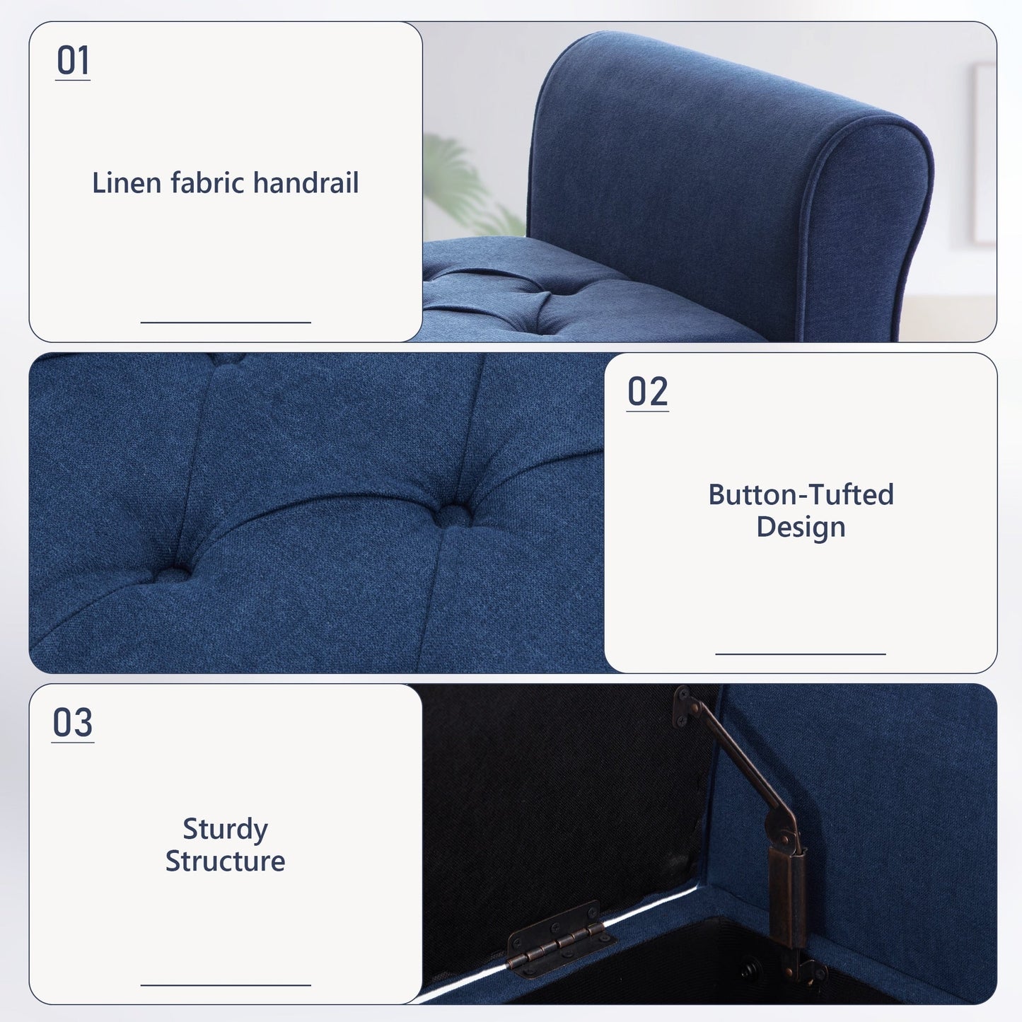 Banc de rangement rembourré, banc d'entrée avec dessus rabattable capitonné, 50,4 pouces