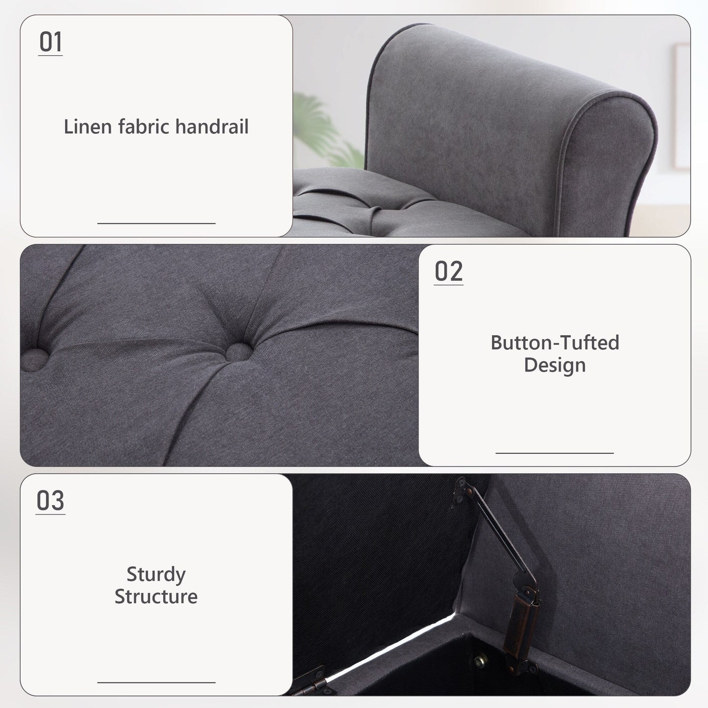 Banc de rangement rembourré, banc d'entrée avec dessus rabattable capitonné, 50,4 pouces