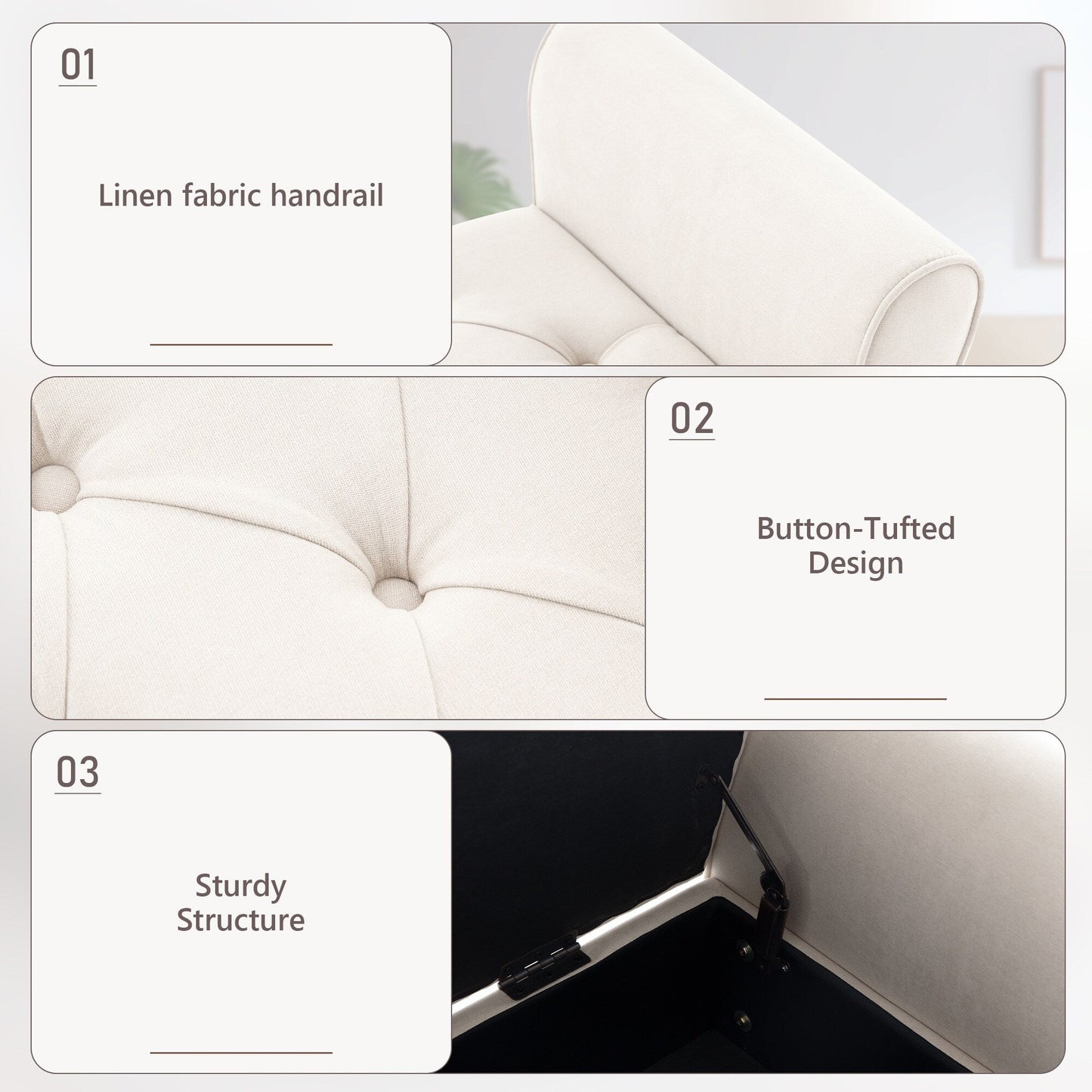 Banc de rangement rembourré, banc d'entrée avec dessus rabattable capitonné, 50,4 pouces