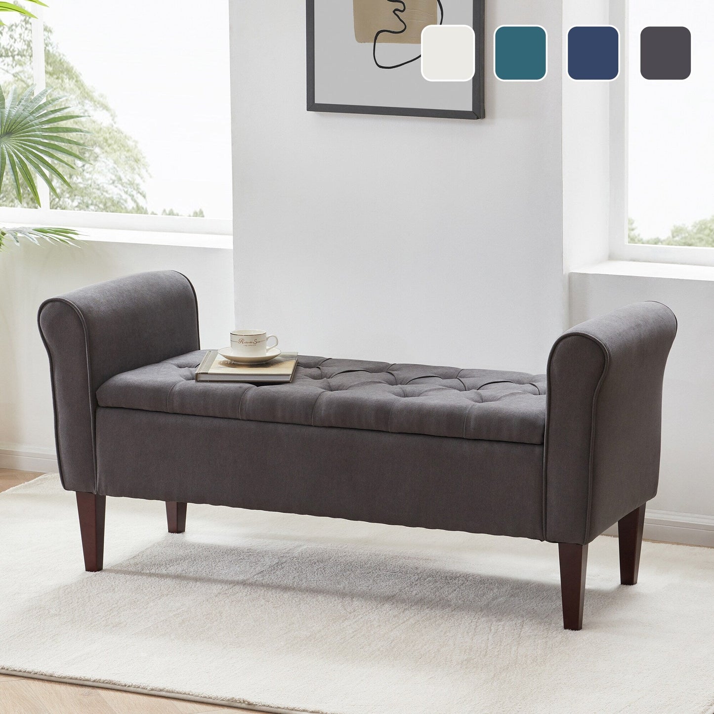 Banc de rangement rembourré, banc d'entrée avec dessus rabattable capitonné, 50,4 pouces