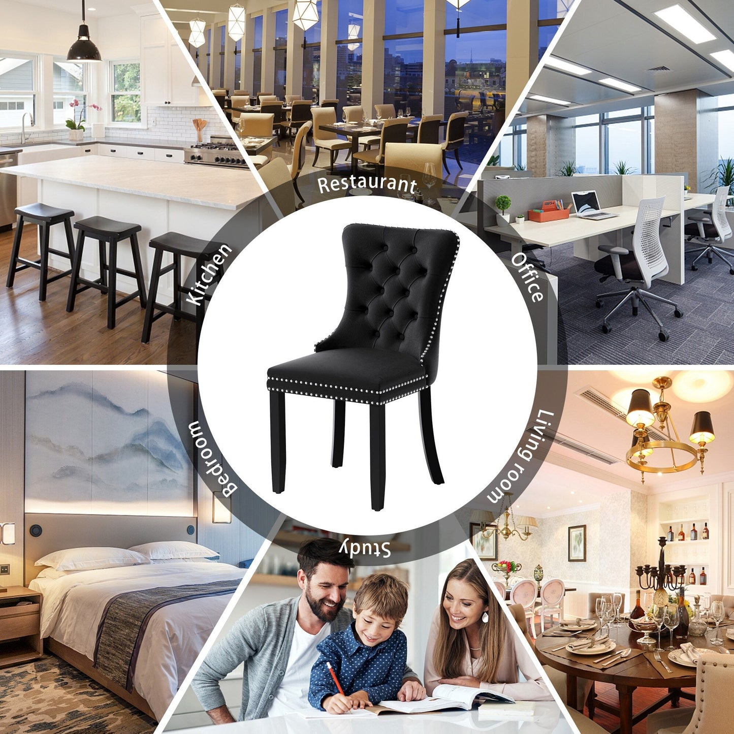 Lot de 6 chaises de salle à manger capitonnées en velours avec pieds en bois massif