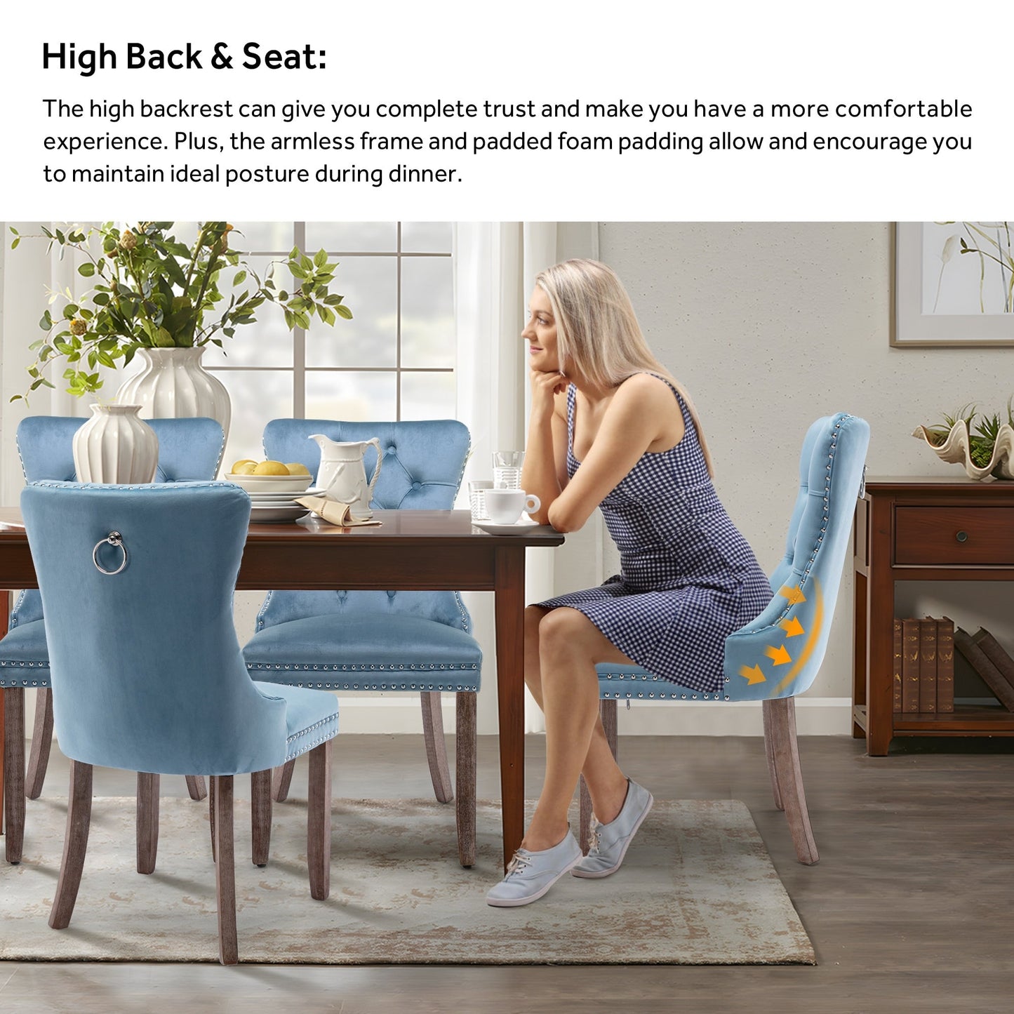 Lot de 6 chaises de salle à manger capitonnées en velours avec pieds en bois massif