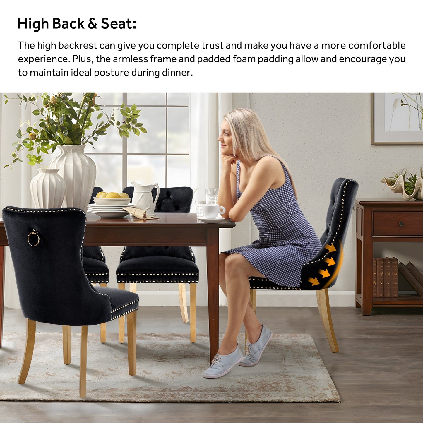 Lot de 6 chaises de salle à manger capitonnées en velours avec pieds en bois massif