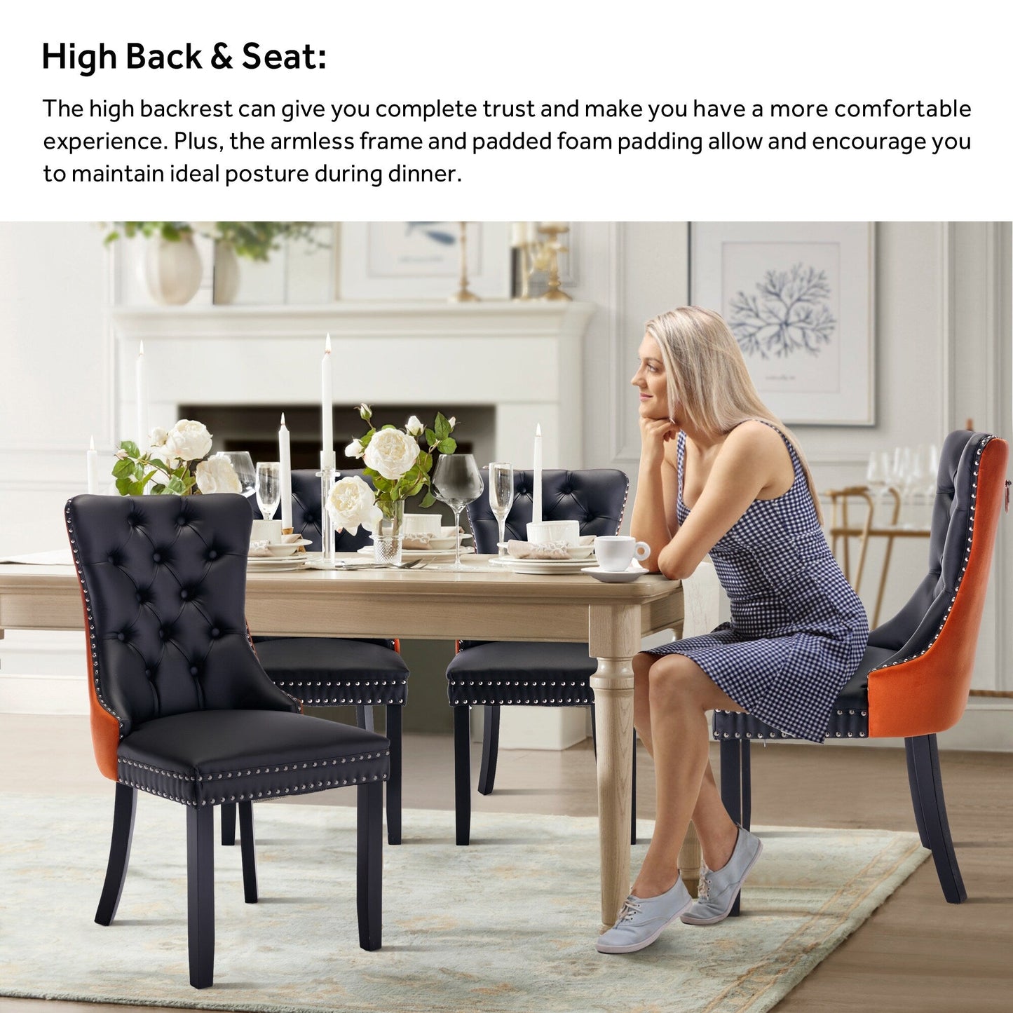 Lot de 6 chaises de salle à manger capitonnées en velours avec pieds en bois massif