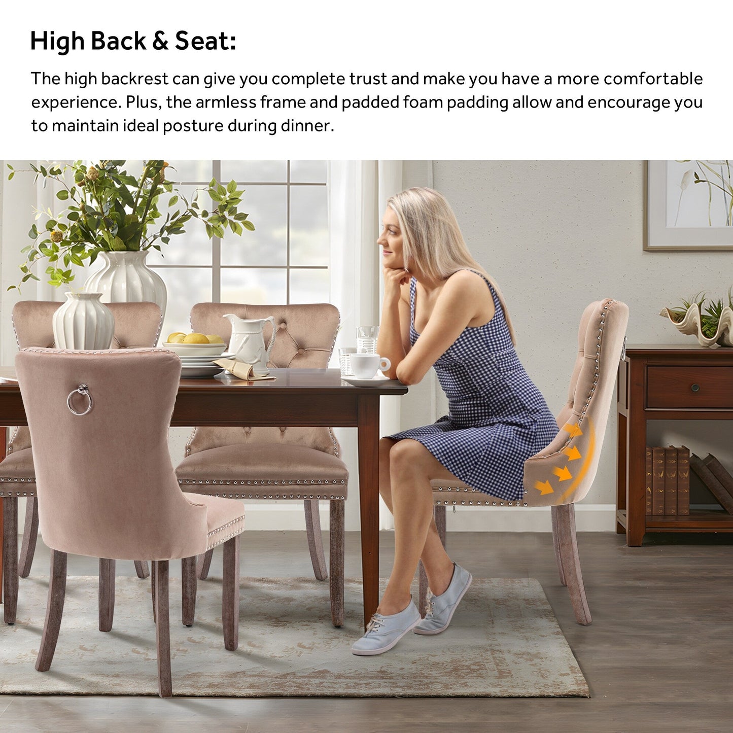 Lot de 6 chaises de salle à manger capitonnées en velours avec pieds en bois massif