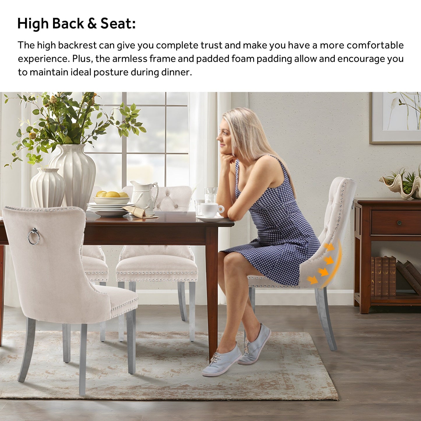 Lot de 6 chaises de salle à manger capitonnées en velours avec pieds en bois massif