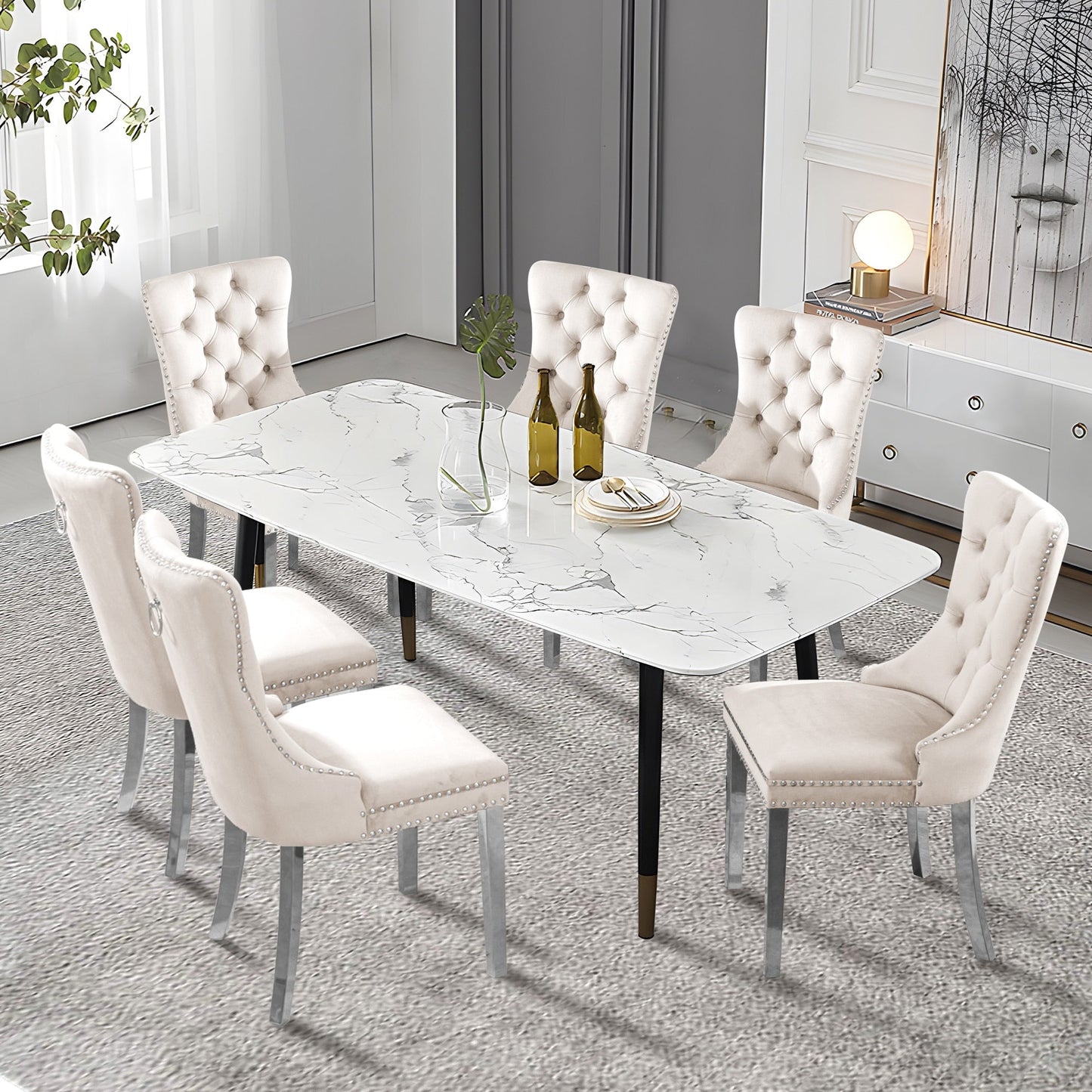 Lot de 6 chaises de salle à manger capitonnées en velours avec pieds en bois massif