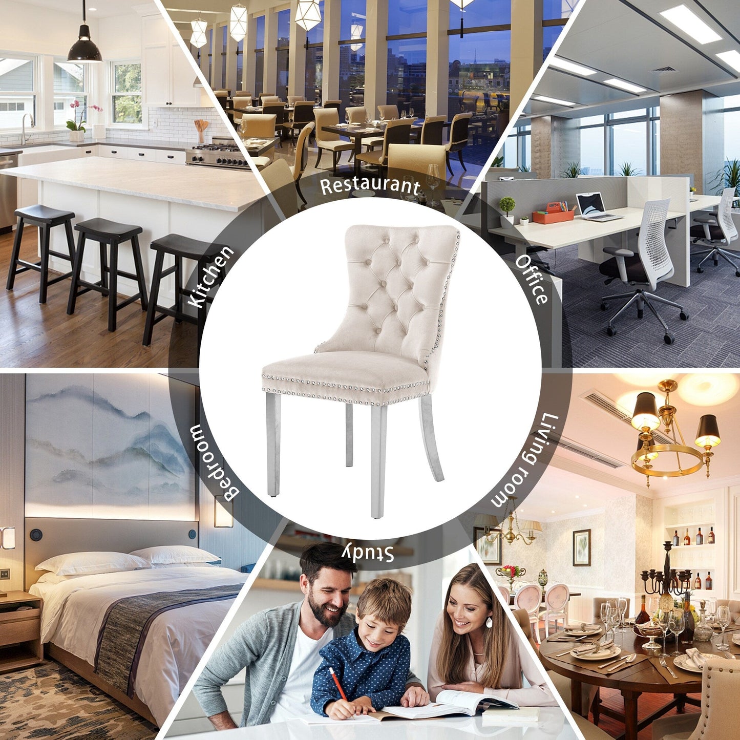 Lot de 6 chaises de salle à manger capitonnées en velours avec pieds en bois massif