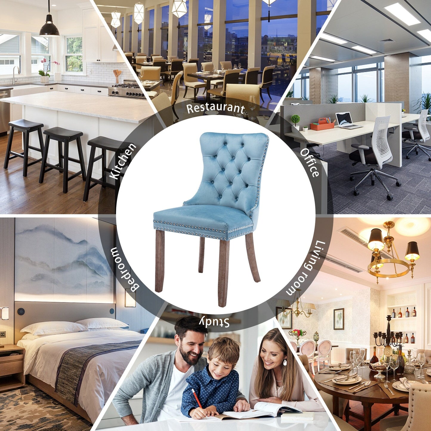 Lot de 6 chaises de salle à manger capitonnées en velours avec pieds en bois massif