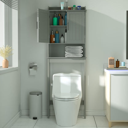 Meuble de rangement VEIKOUS en bambou à placer au-dessus des toilettes, avec étagère réglable et double porte.