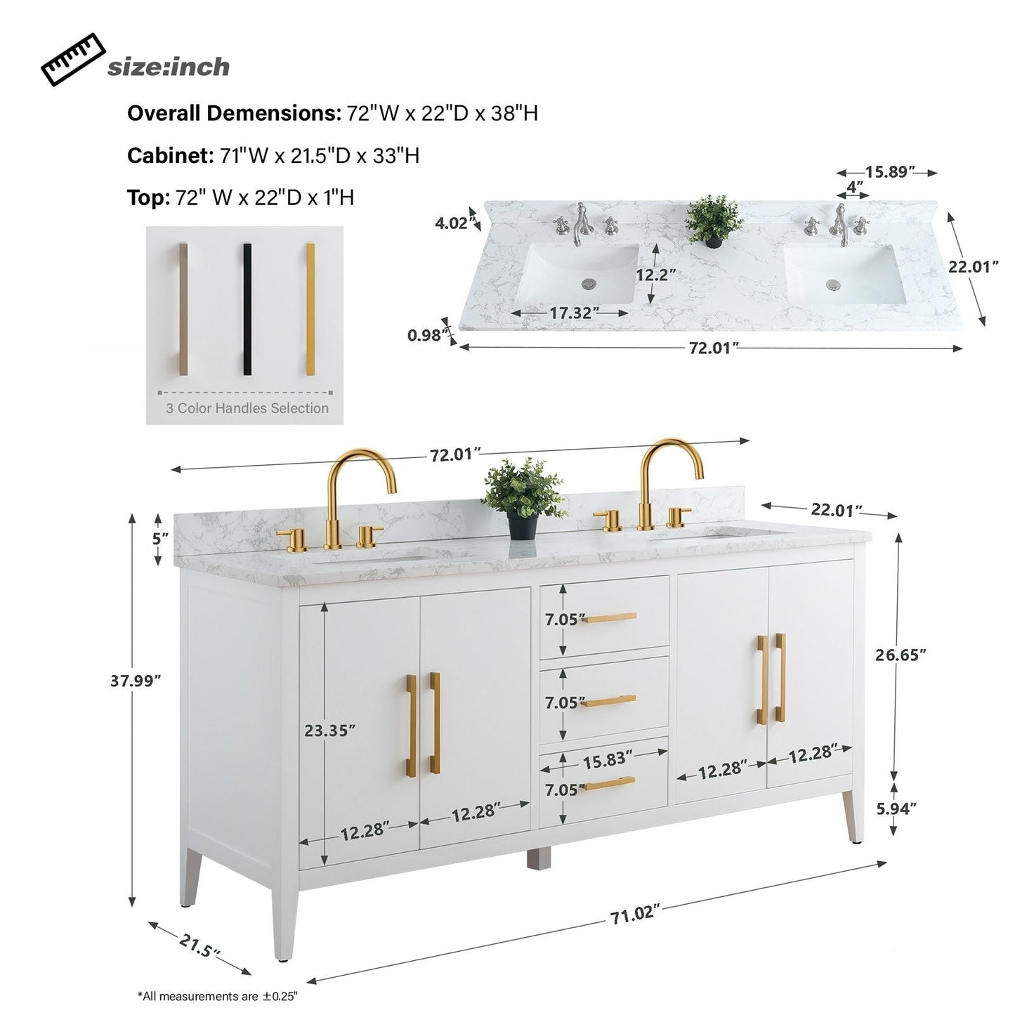 Meuble-lavabo double vasque Vanity Art 72 avec dessus en marbre reconstitué