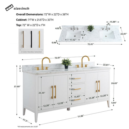 Meuble-lavabo double vasque Vanity Art 72 avec dessus en marbre reconstitué