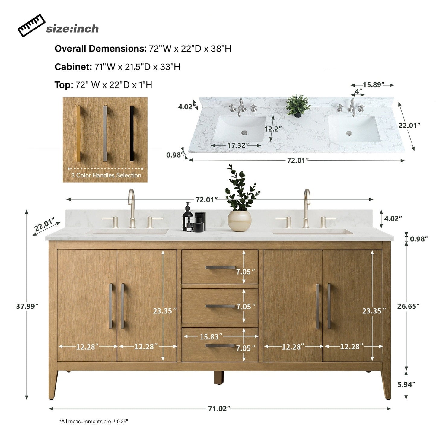 Meuble-lavabo double vasque Vanity Art 72 avec dessus en marbre reconstitué