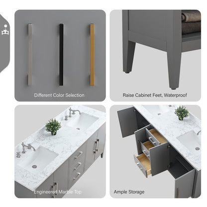 Meuble-lavabo double vasque Vanity Art 72 avec dessus en marbre reconstitué