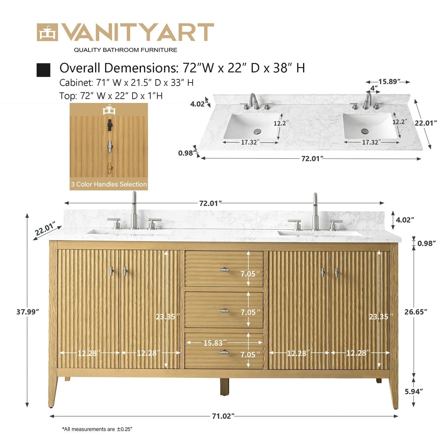 Meuble-lavabo double vasque Vanity Art 72 avec dessus en marbre reconstitué