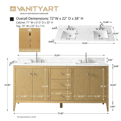 Meuble-lavabo double vasque Vanity Art 72 avec dessus en marbre reconstitué