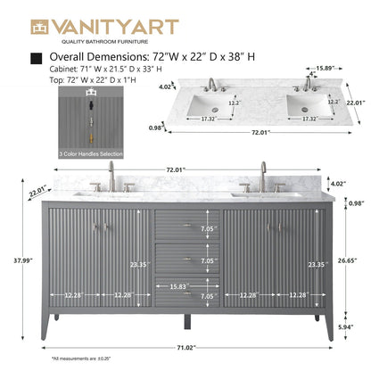 Meuble-lavabo double vasque Vanity Art 72 avec dessus en marbre reconstitué