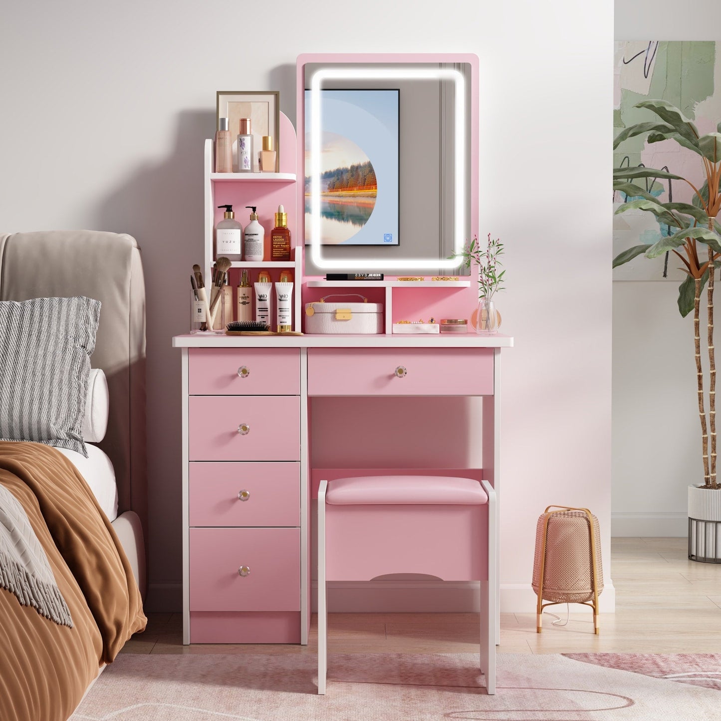 Ensemble de coiffeuse avec miroir et lampe, coiffeuse avec tabouret