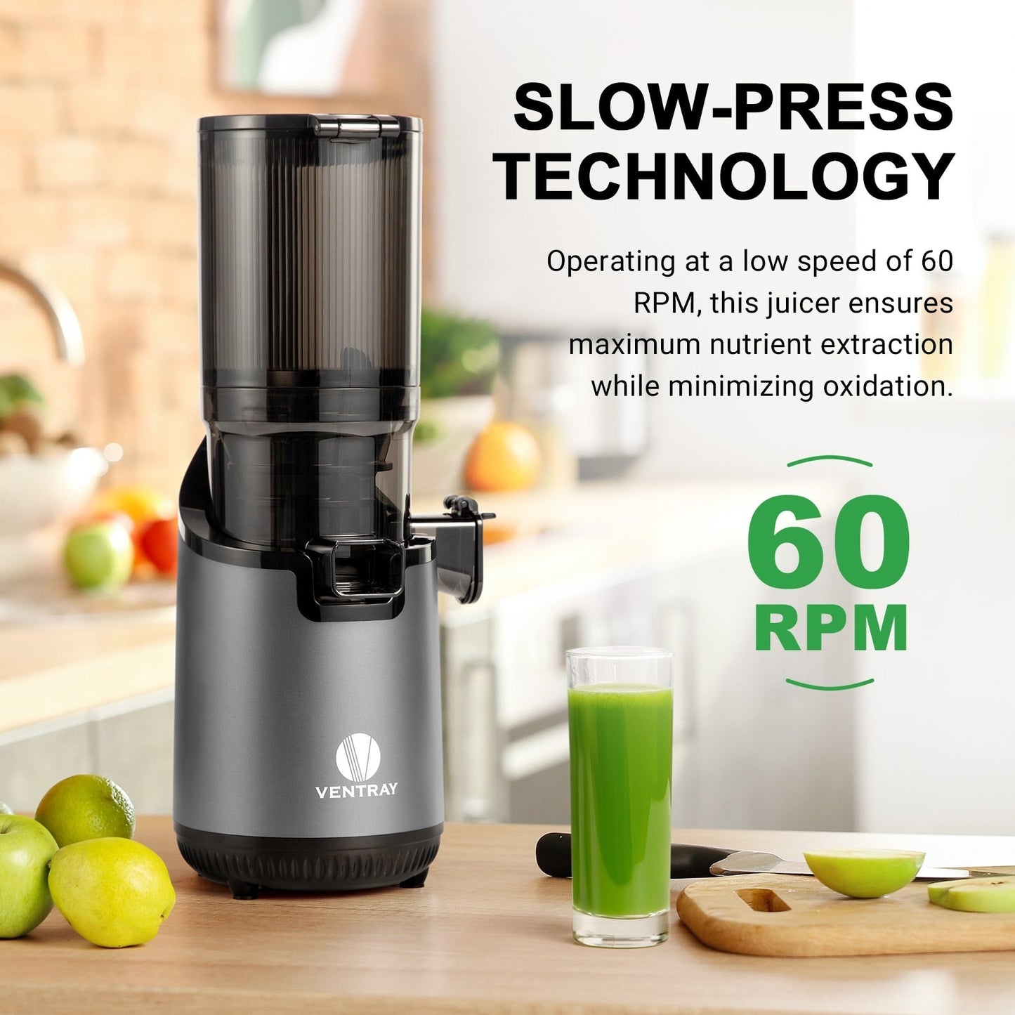 Extracteur de jus à mastication lente Ventray 900, presse à froid avec goulotte d'alimentation extra large de 5,1 pouces