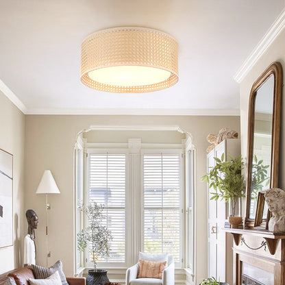 Plafonnier encastré moderne WINGBO à 3 lumières avec abat-jour tambour double en rotin et tissu