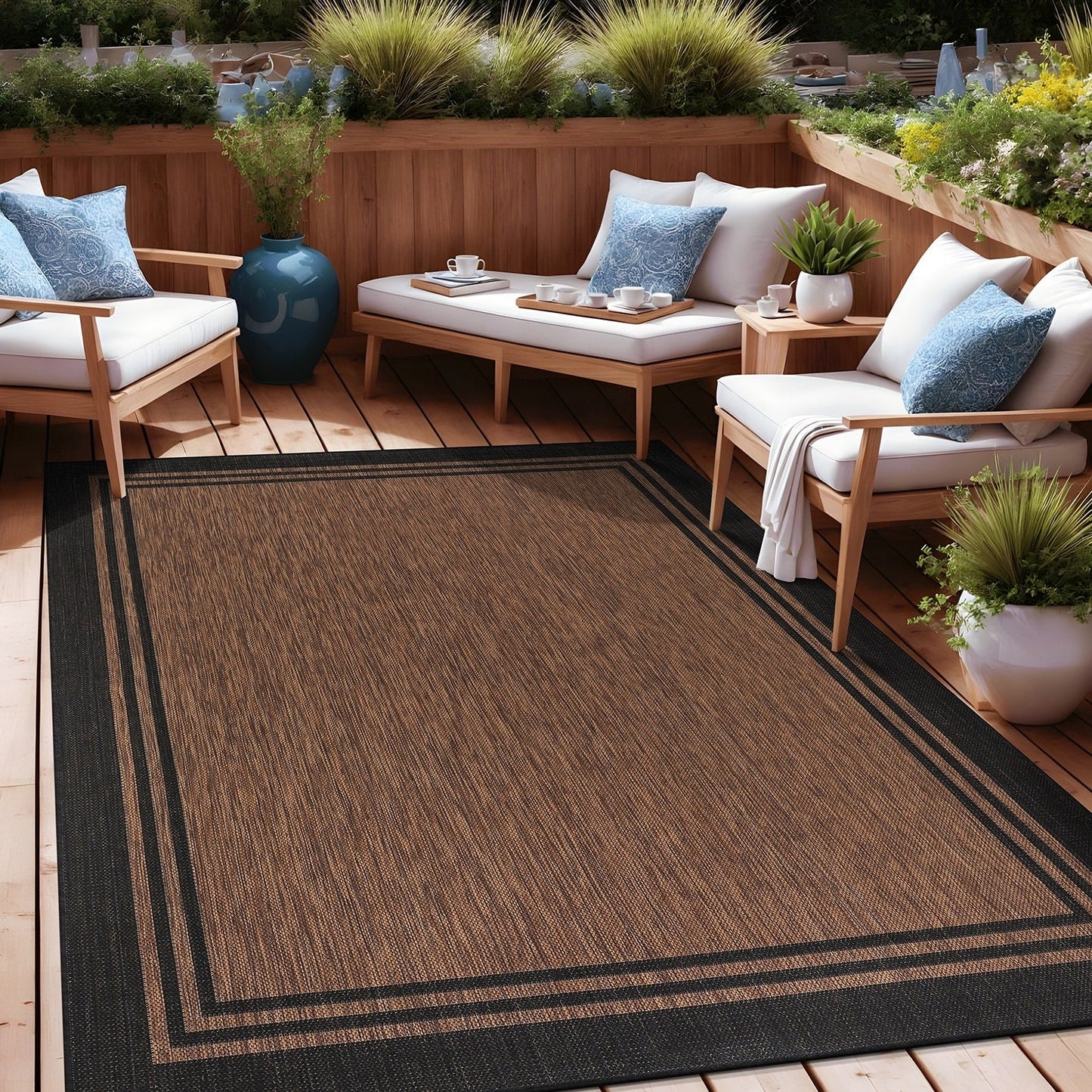 Tapis d'intérieur/extérieur lavable à bordure pour patio, terrasse, porche