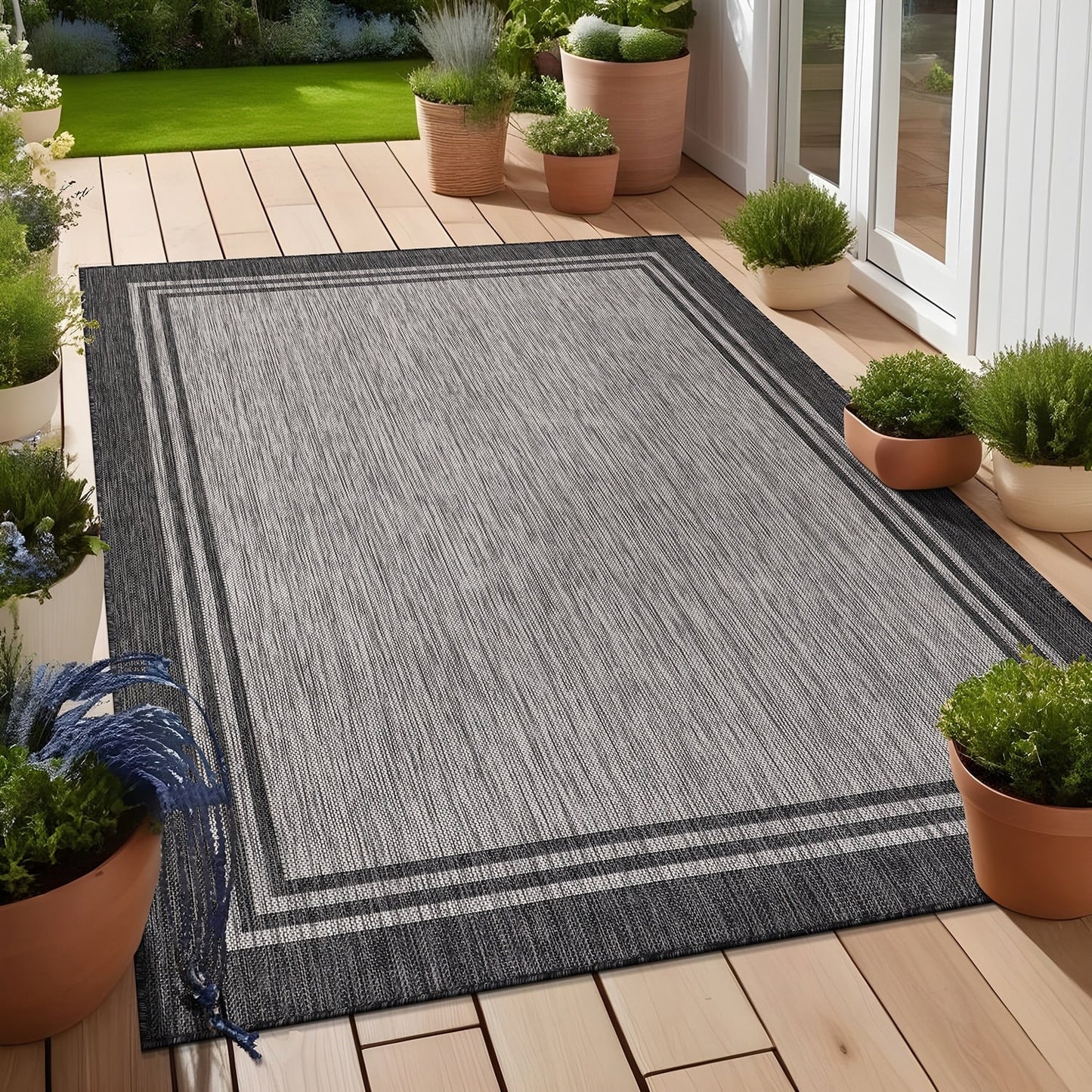 Tapis d'intérieur/extérieur lavable à bordure pour patio, terrasse, porche