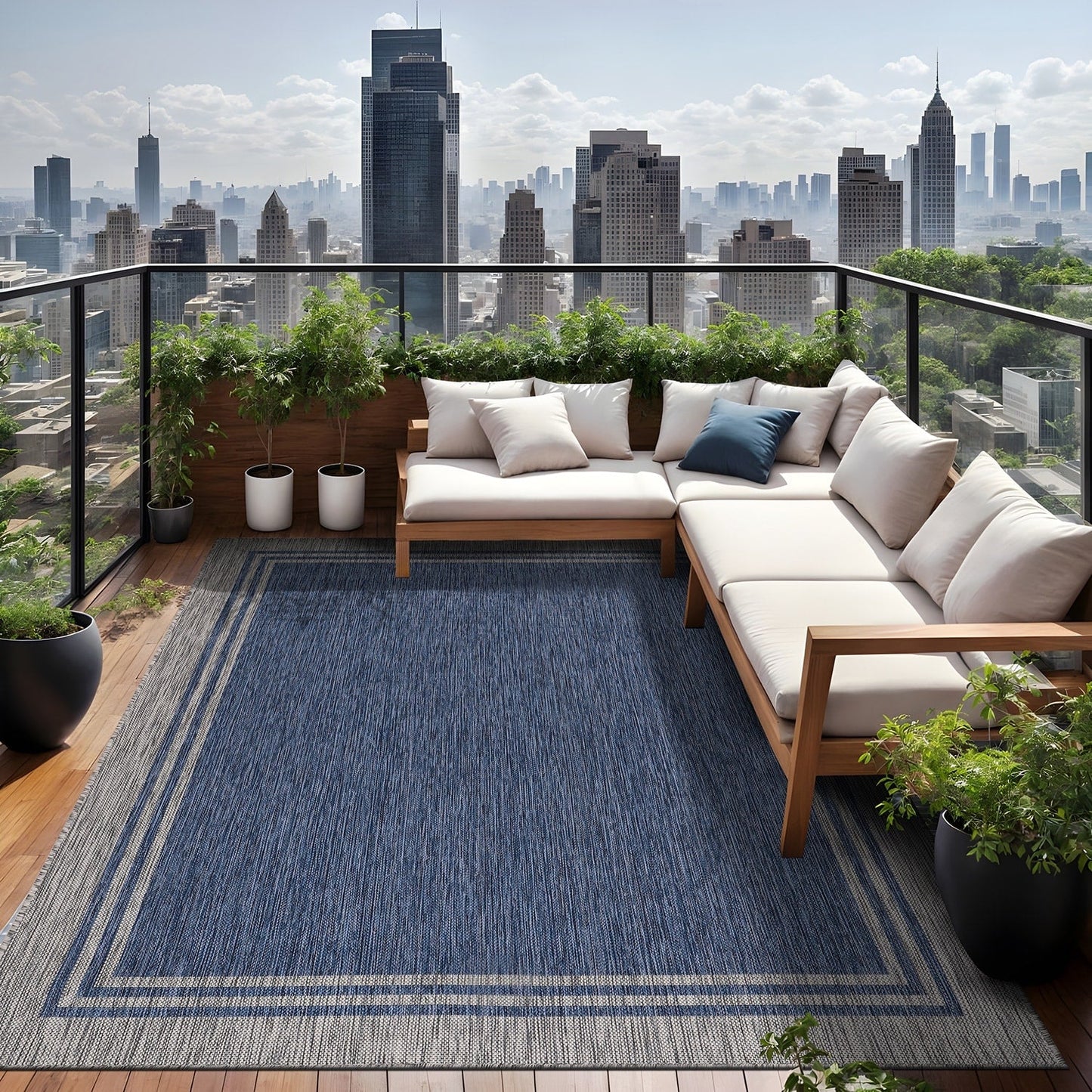 Tapis d'intérieur/extérieur lavable à bordure pour patio, terrasse, porche