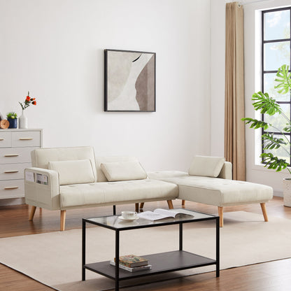 Canapé sectionnel en lin blanc de 94,5 pouces avec méridienne droite, coussins en mousse et poche de rangement