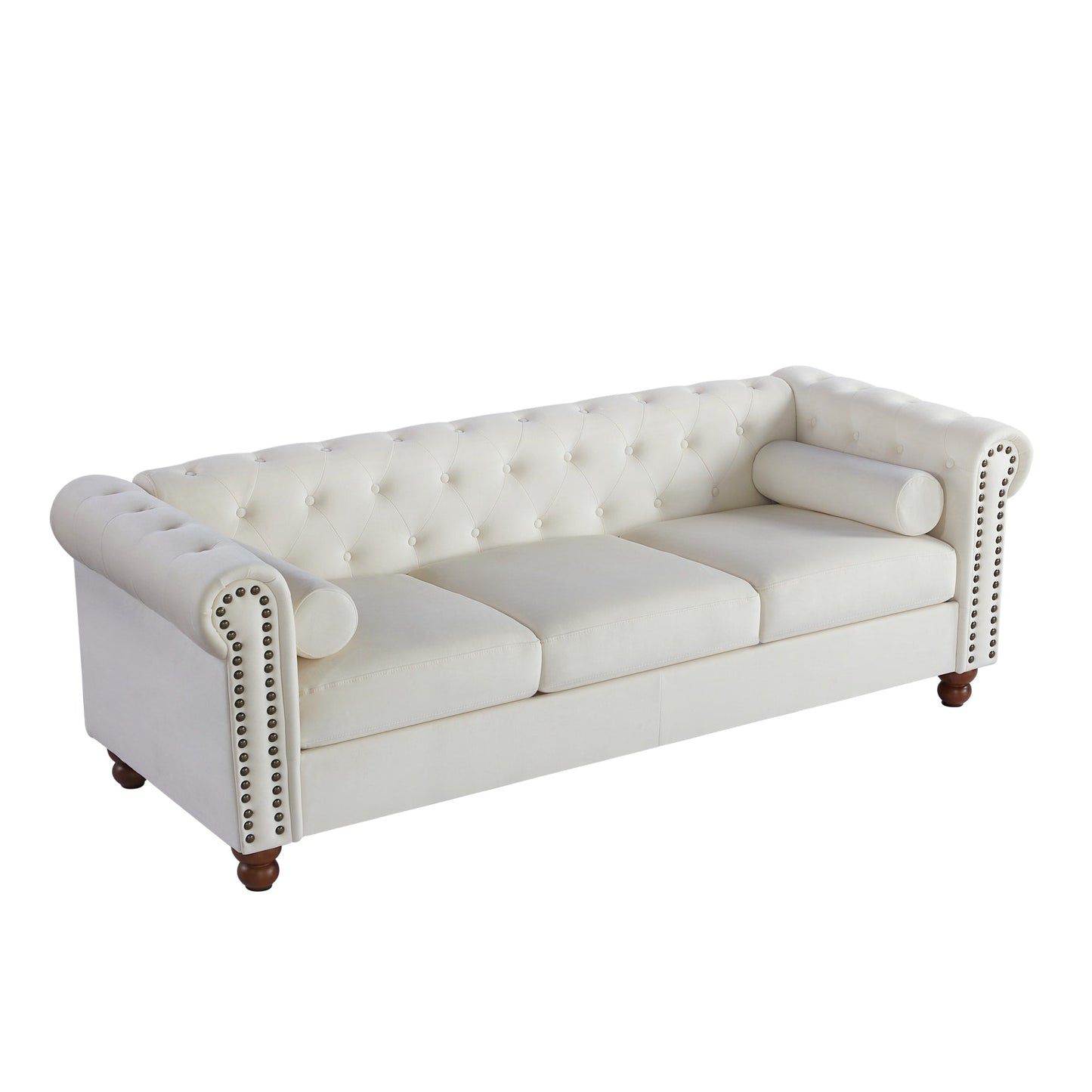 Canapé 3 places Chesterfield blanc capitonné de 74,5 cm avec têtes de clous et coussins pour le salon