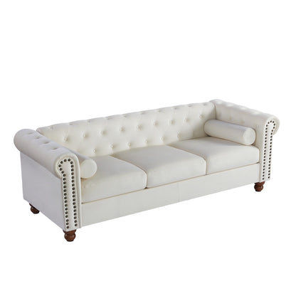 Canapé 3 places Chesterfield blanc capitonné de 74,5 cm avec têtes de clous et coussins pour le salon