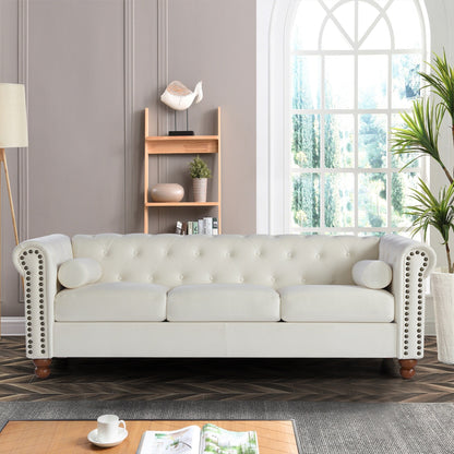 Canapé 3 places Chesterfield blanc capitonné de 74,5 cm avec têtes de clous et coussins pour le salon