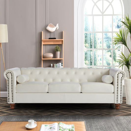 Canapé 3 places Chesterfield blanc capitonné de 74,5 cm avec têtes de clous et coussins pour le salon