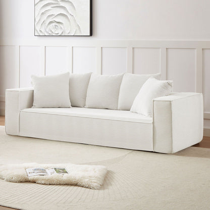 Canapé 3 places rembourré en velours côtelé blanc avec 5 coussins décoratifs