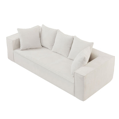 Canapé 3 places rembourré en velours côtelé blanc avec 5 coussins décoratifs