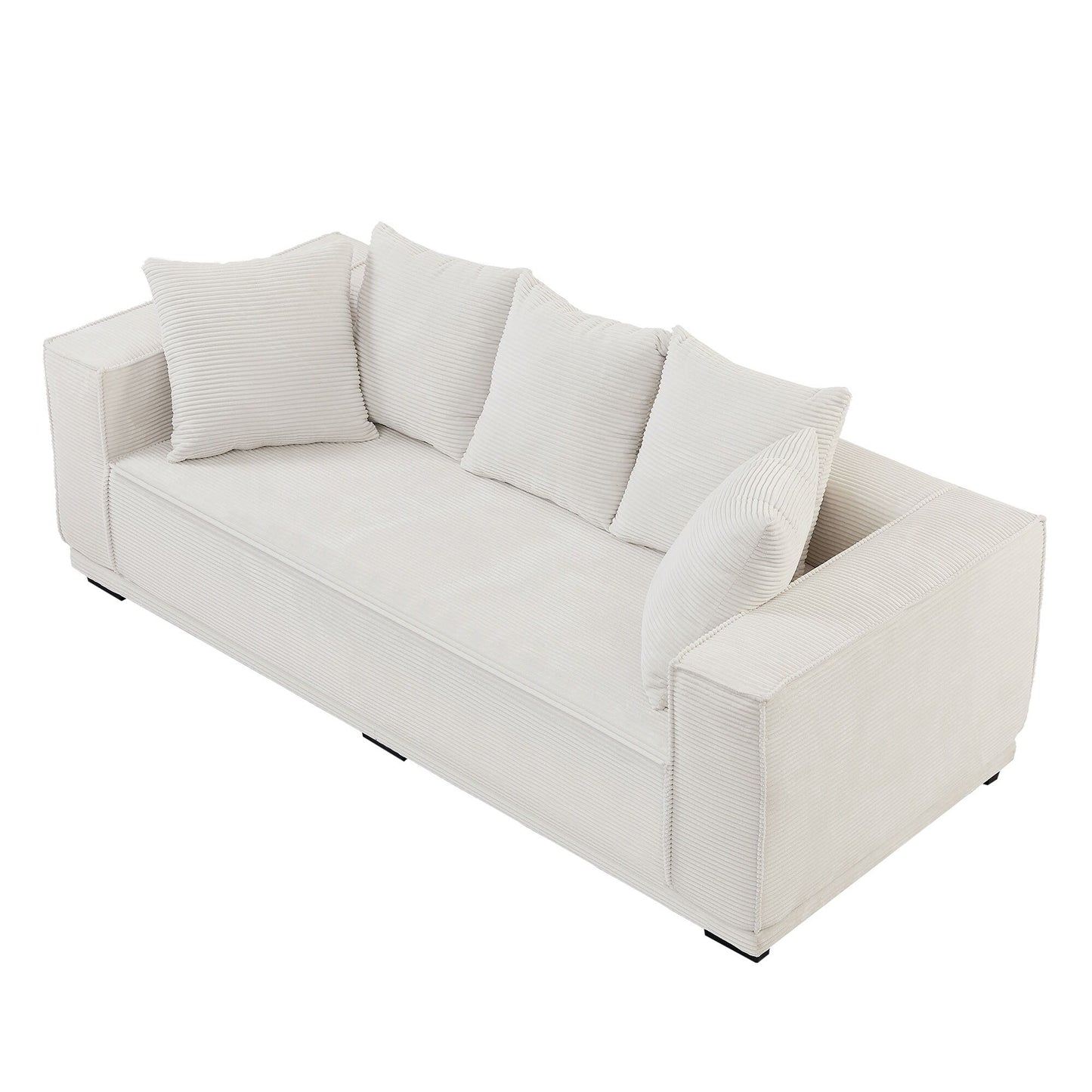 Canapé 3 places rembourré en velours côtelé blanc avec coussins décoratifs